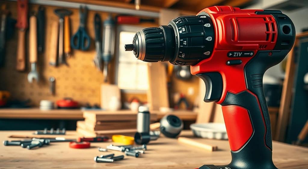 A close-up of a powerful impact drill (furadeira de impacto) prominently placed in the foreground, showcasing its design and features. The drill should have a bright red body with a black grip, highlighting the trigger, torque settings, and a rotating chuck. In the middle ground, a wooden workbench cluttered with various household materials like screws, wooden boards, and a measuring tape, suggesting a DIY environment. The background should be softly blurred to enhance focus on the drill, featuring a garage space with tools hanging on the wall, illuminated by warm, natural light coming from a nearby window. The atmosphere should be practical and inviting, perfect for home repair enthusiasts. The angle should be slightly tilted to create a dynamic composition. A close-up of a powerful impact drill (furadeira de impacto) prominently placed in the foreground, showcasing its design and features. The drill should have a bright red body with a black grip, highlighting the trigger, torque settings, and a rotating chuck. In the middle ground, a wooden workbench cluttered with various household materials like screws, wooden boards, and a measuring tape, suggesting a DIY environment. The background should be softly blurred to enhance focus on the drill, featuring a garage space with tools hanging on the wall, illuminated by warm, natural light coming from a nearby window. The atmosphere should be practical and inviting, perfect for home repair enthusiasts. The angle should be slightly tilted to create a dynamic composition.