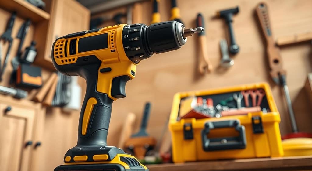 A high-quality image of a professional electric impact drill, prominently displayed in the foreground. The drill should be vibrant yellow with a black handle, showcasing its details including the battery pack and drill bit. In the middle ground, position a soft-focused toolbox filled with various accessories like drill bits and screws, suggesting a home repair environment. The background should feature a warm, well-lit workshop setting, with wooden cabinetry and tools hanging on the wall. Use soft, natural lighting to create an inviting atmosphere, casting gentle shadows that add depth. The angle is slightly above, capturing the drill in action as if it’s about to start a project, emphasizing readiness and reliability, ideal for home improvement tasks. Furadeira-Impacto