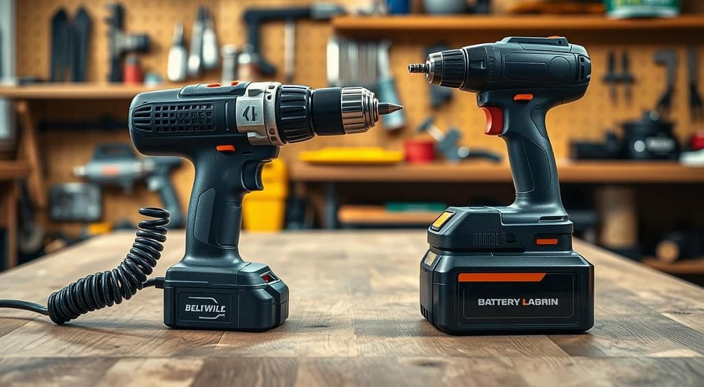 A side-by-side comparison of a corded drill and a battery-powered drill on a wooden workbench. The foreground features the corded drill with a spiral cord, showcasing its robust construction and metal chuck, with light glinting off its surfaces. Next to it, the sleek battery drill emphasizes its portability, highlighting the removable battery. In the background, a well-organized workshop ambiance with shelves holding tools, and warm ambient lighting creates an inviting atmosphere. The image is shot at a slightly elevated angle to capture both devices in detail, emphasizing their design differences. The mood is practical and informative, appealing to DIY enthusiasts looking for the right choice for small home repairs.